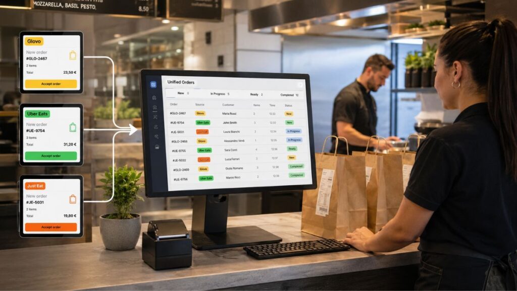 Hiopos se integra con Uber Eats, Glovo, Just Eat y Wolt: todos tus pedidos de delivery en un solo TPV 5 centralizar glovo uber eats just eat tpv